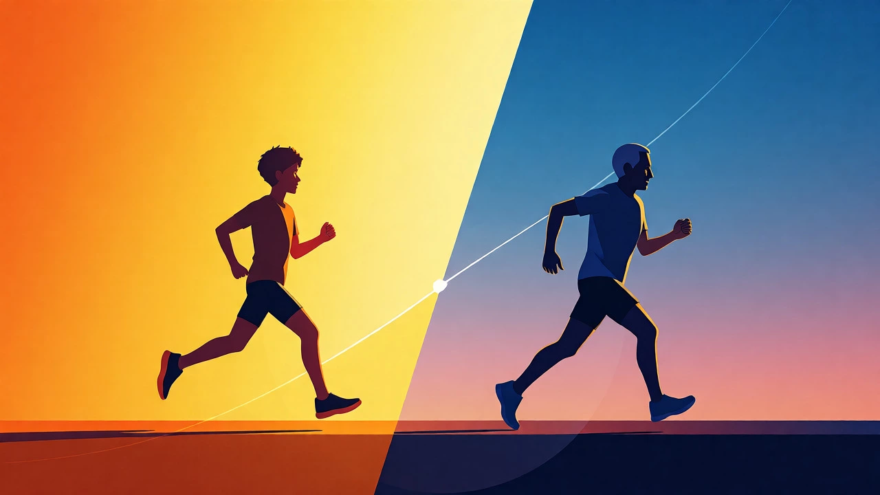 Artistic comparison of young and older runners illustrating age-adjusted performance