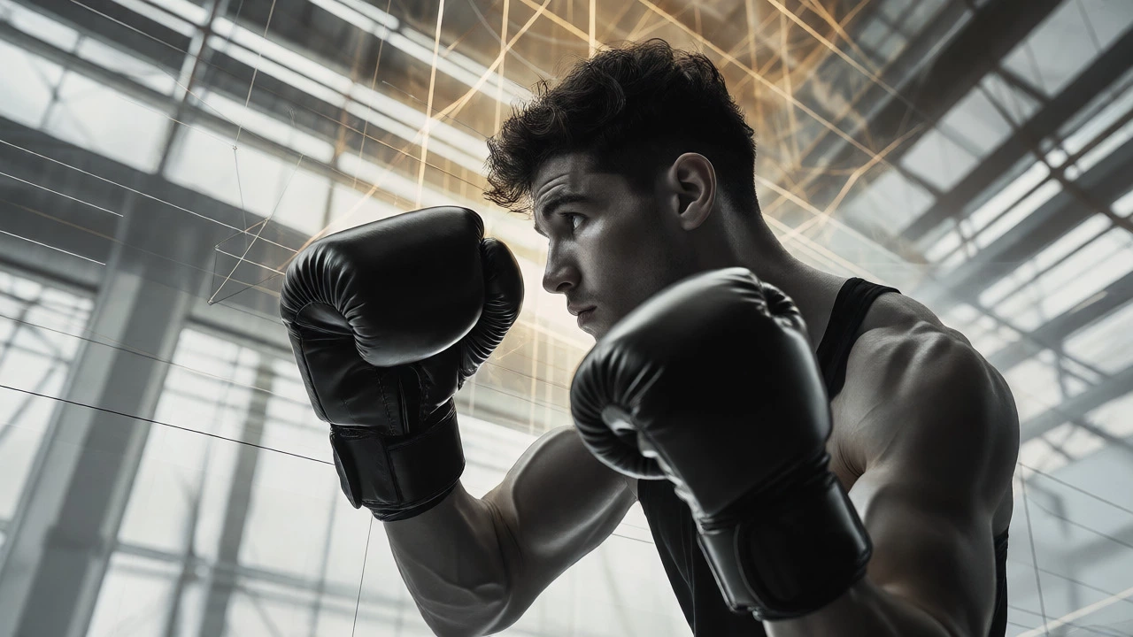Close-up of a boxer in a defensive guard with abstract geometric lines symbolizing strategic precision.