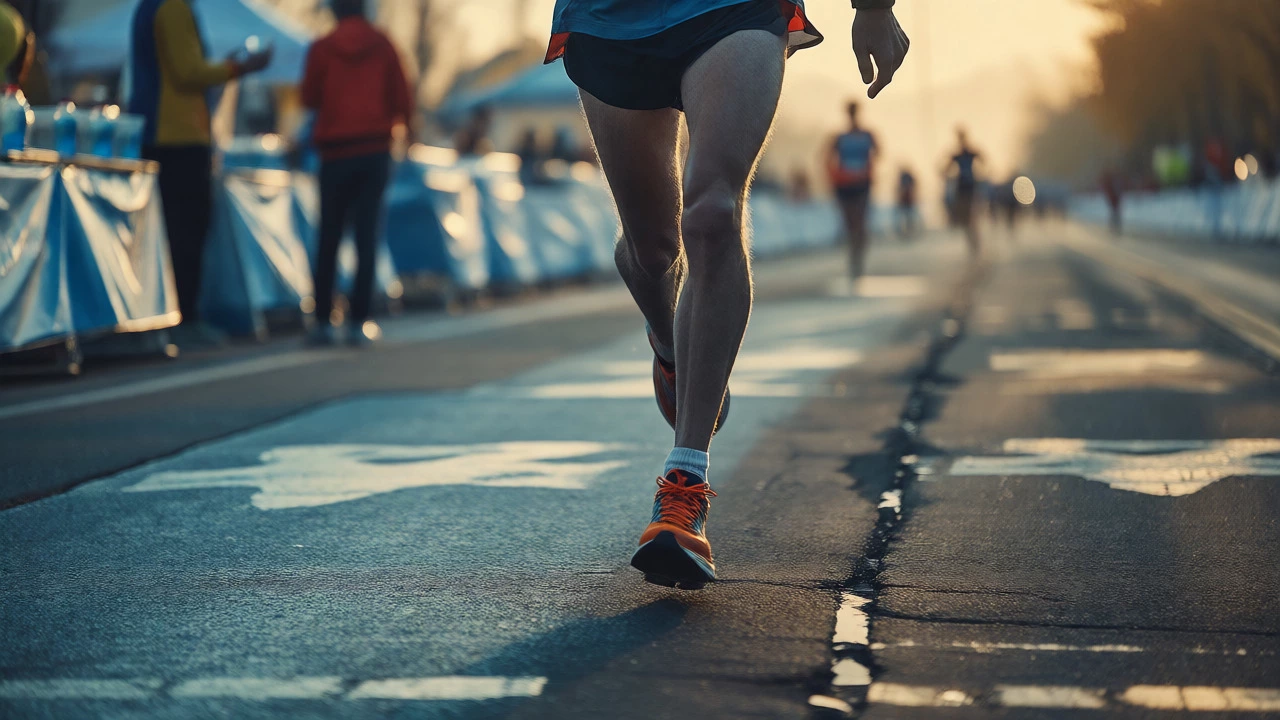 Close-up of a runner's tired legs at the 30km mark