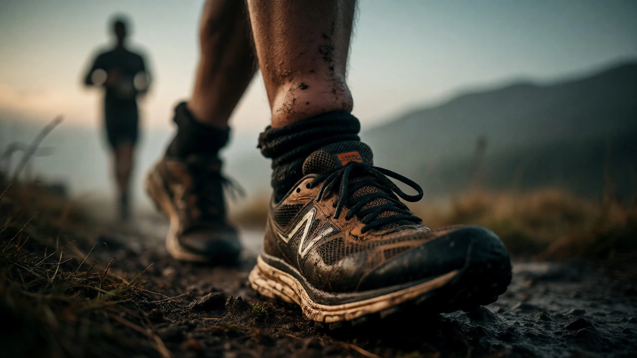 Close-up of worn running gear showing signs of extreme endurance