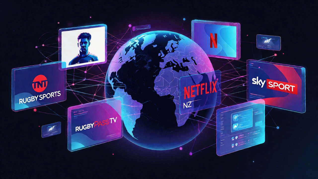 Conceptual graphic showing fragmented rugby streaming platforms