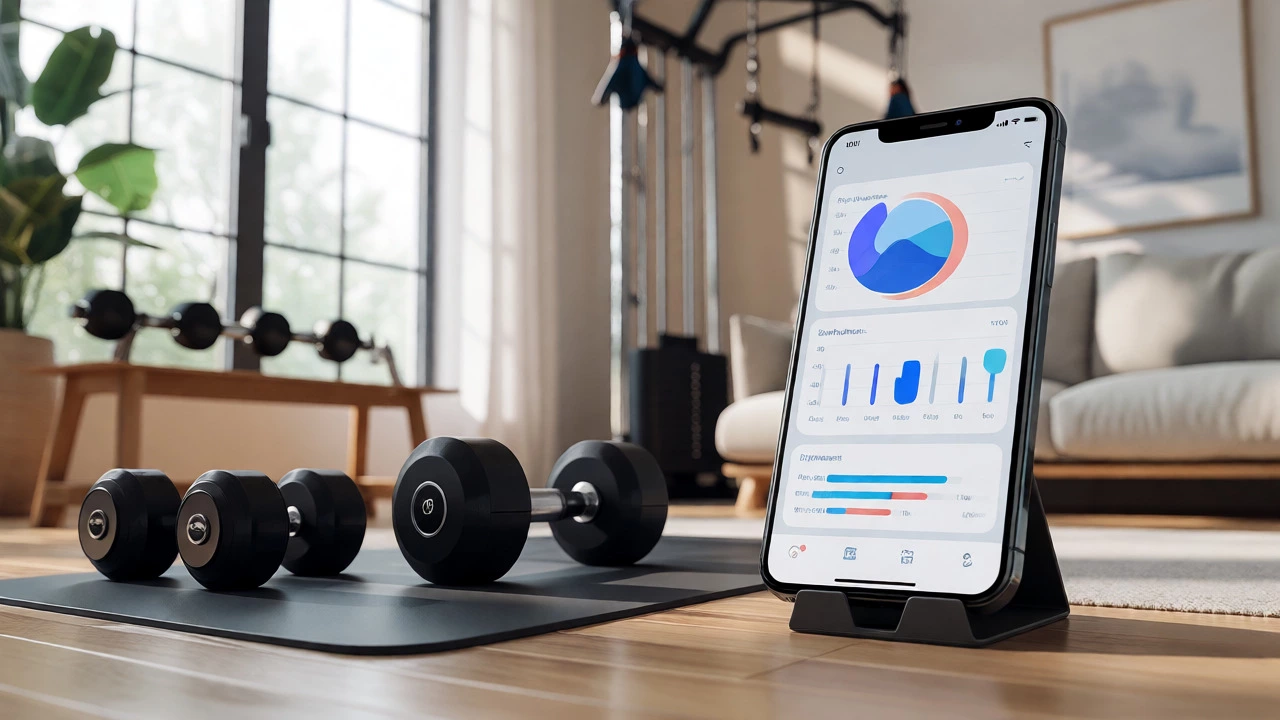 Home gym with smart dumbbells and a phone displaying fitness data