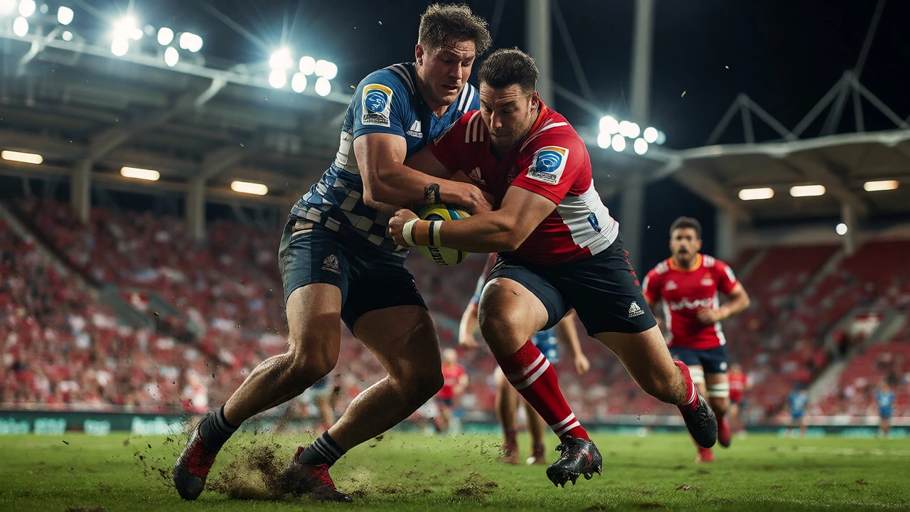 Intense tackle during a night-time Super Rugby Pacific match