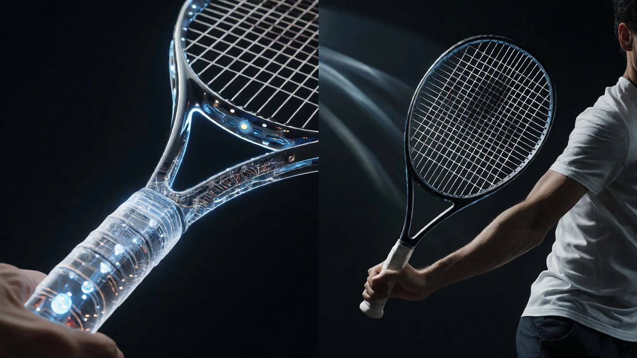 Internal sensor components visible inside a smart tennis racket held by an athlete