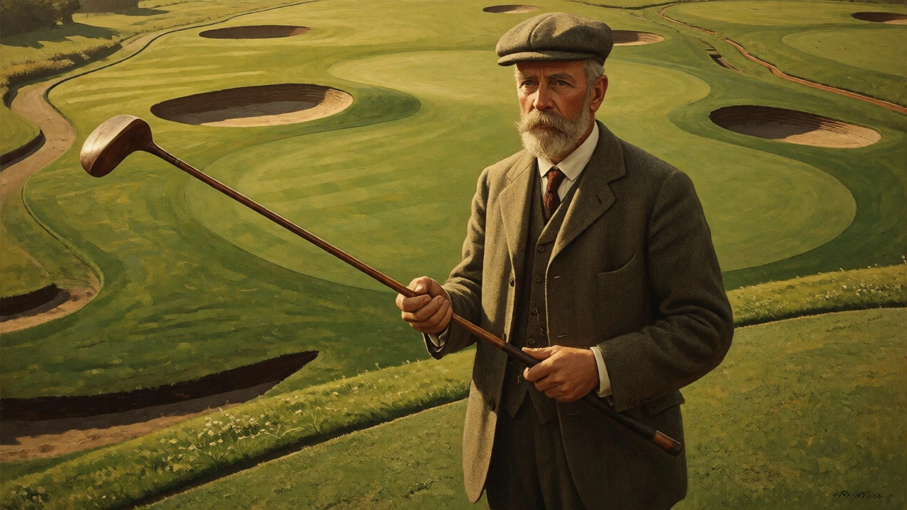 Old Tom Morris holding a wooden club on a strategic 19th-century course.