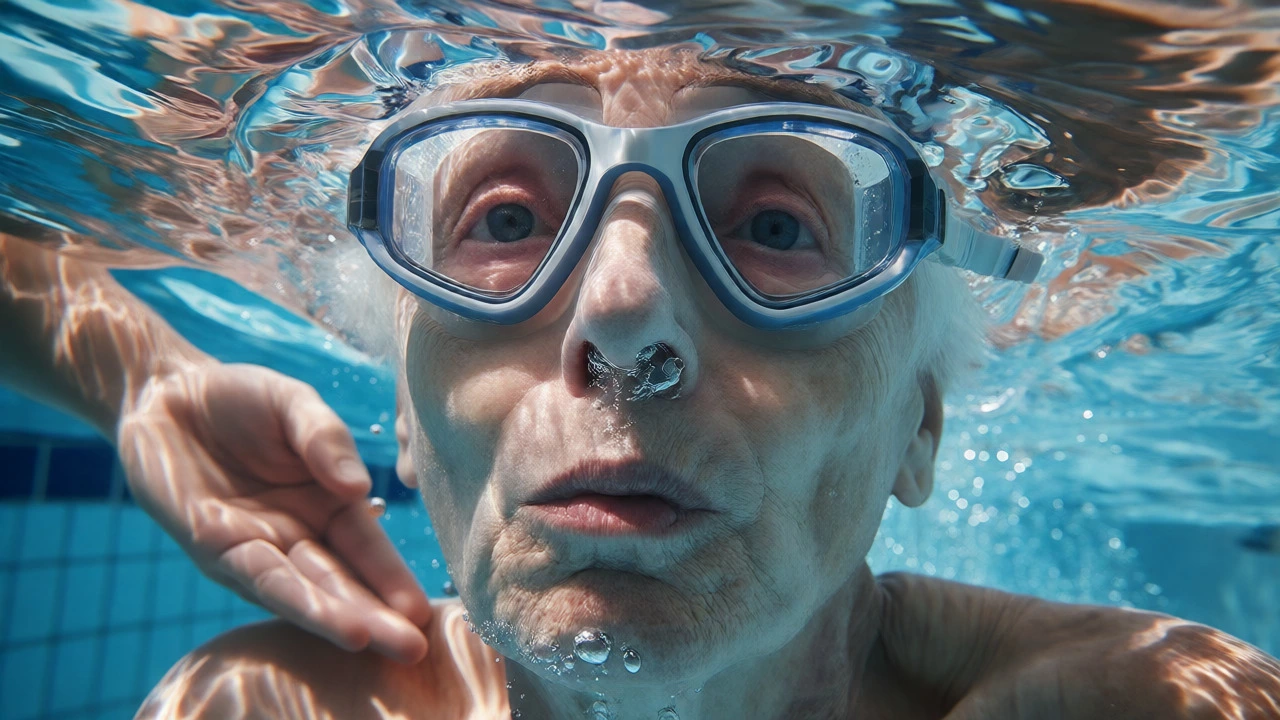 Older adult practicing breathing techniques underwater with bubbles rising