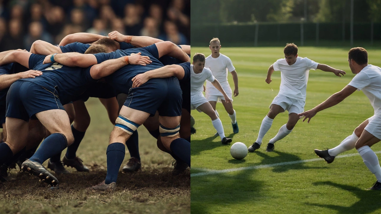 Rugby scrum versus soccer kick split scene
