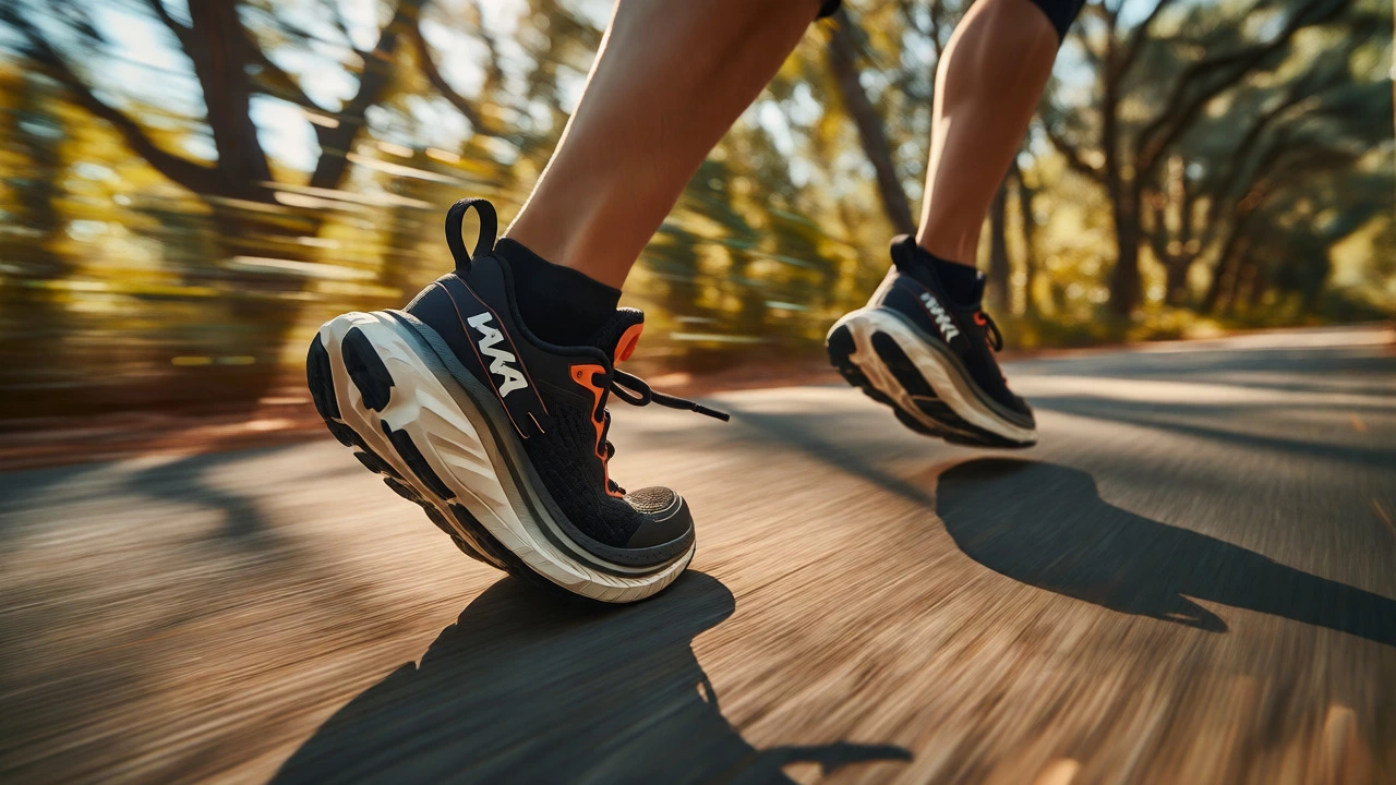 Runner's feet in Hokas mid-stride on a sunlit trail showing toe-off motion