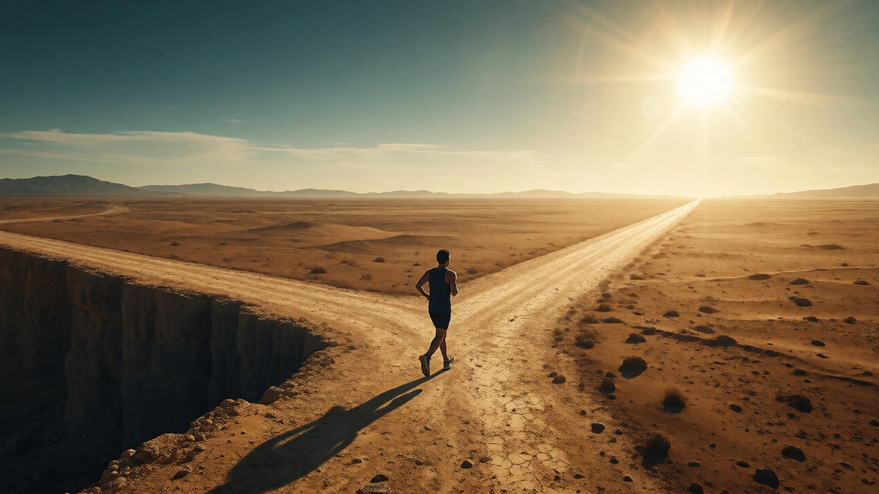 Runner standing at a desert crossroads symbolizing mental limits