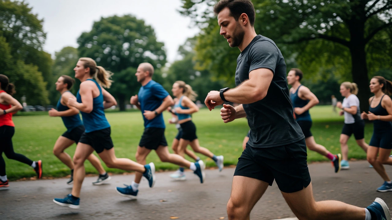 Runners maintaining steady pace on a park path during a half marathon event