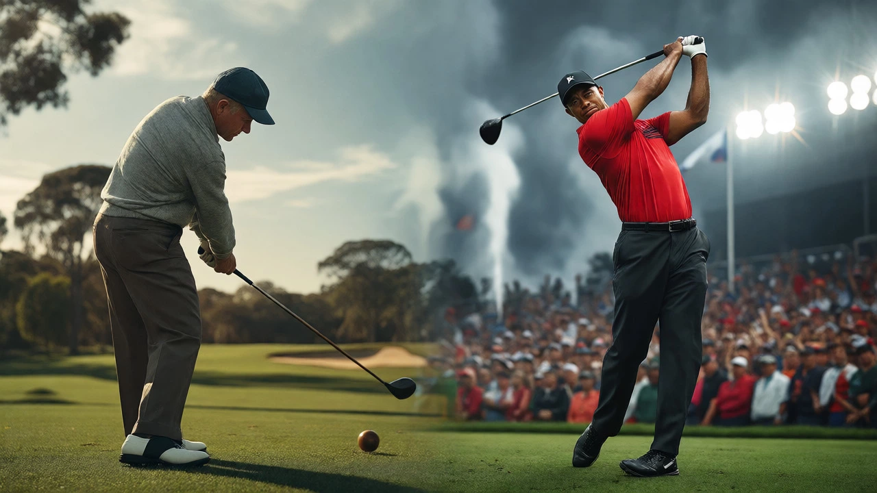 Side-by-side comparison of Jack Nicklaus's vintage swing and Tiger Woods's modern power