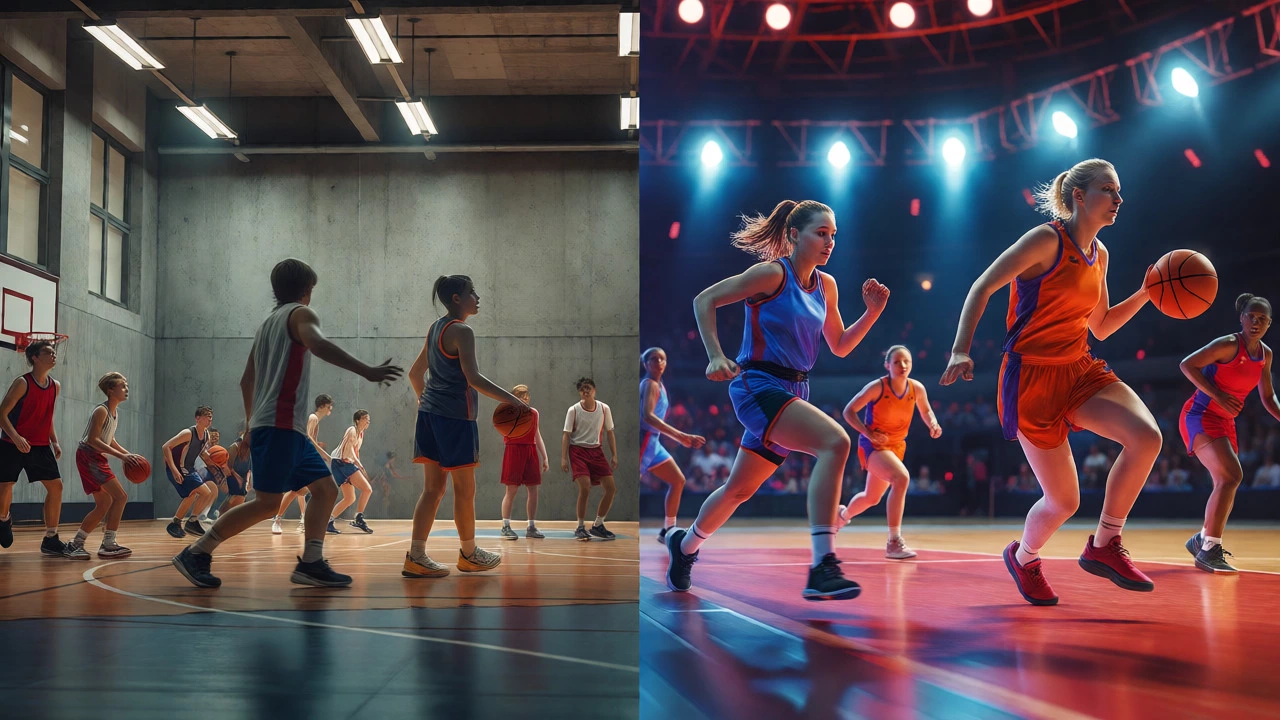 Split image showing youth basketball training and a professional women's game