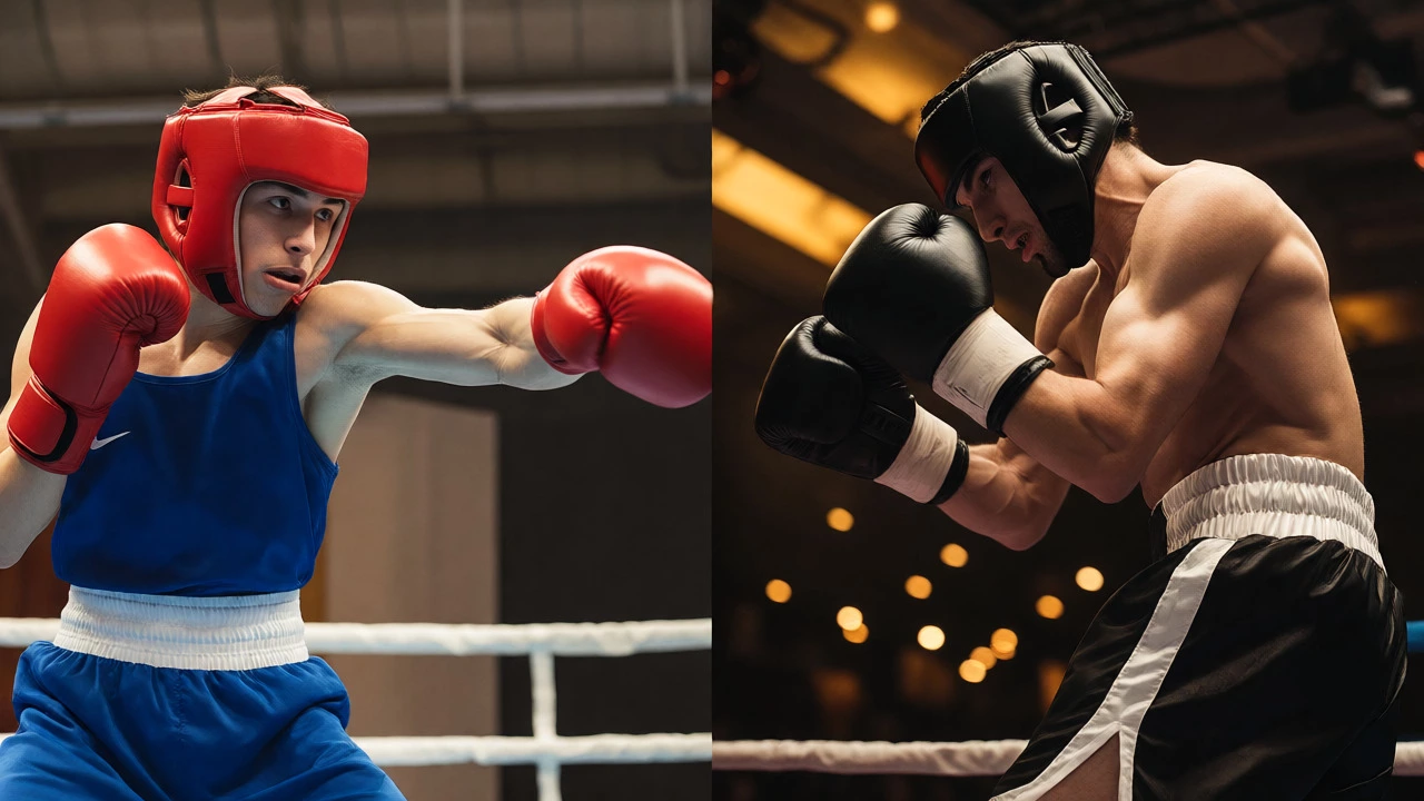Split view comparing an amateur boxer in headgear with a professional boxer in a darkened ring.