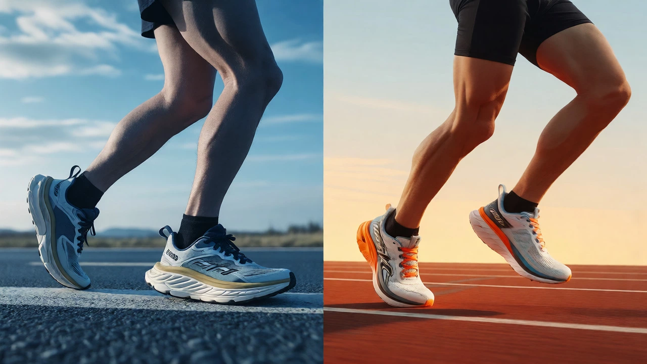 Split view comparing cushioned recovery running versus fast tempo running