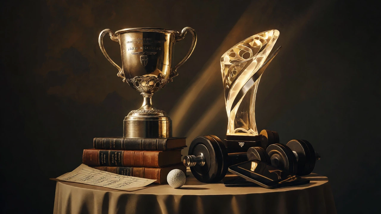 Two contrasting trophies symbolizing the legacy of Jack Nicklaus versus Tiger Woods