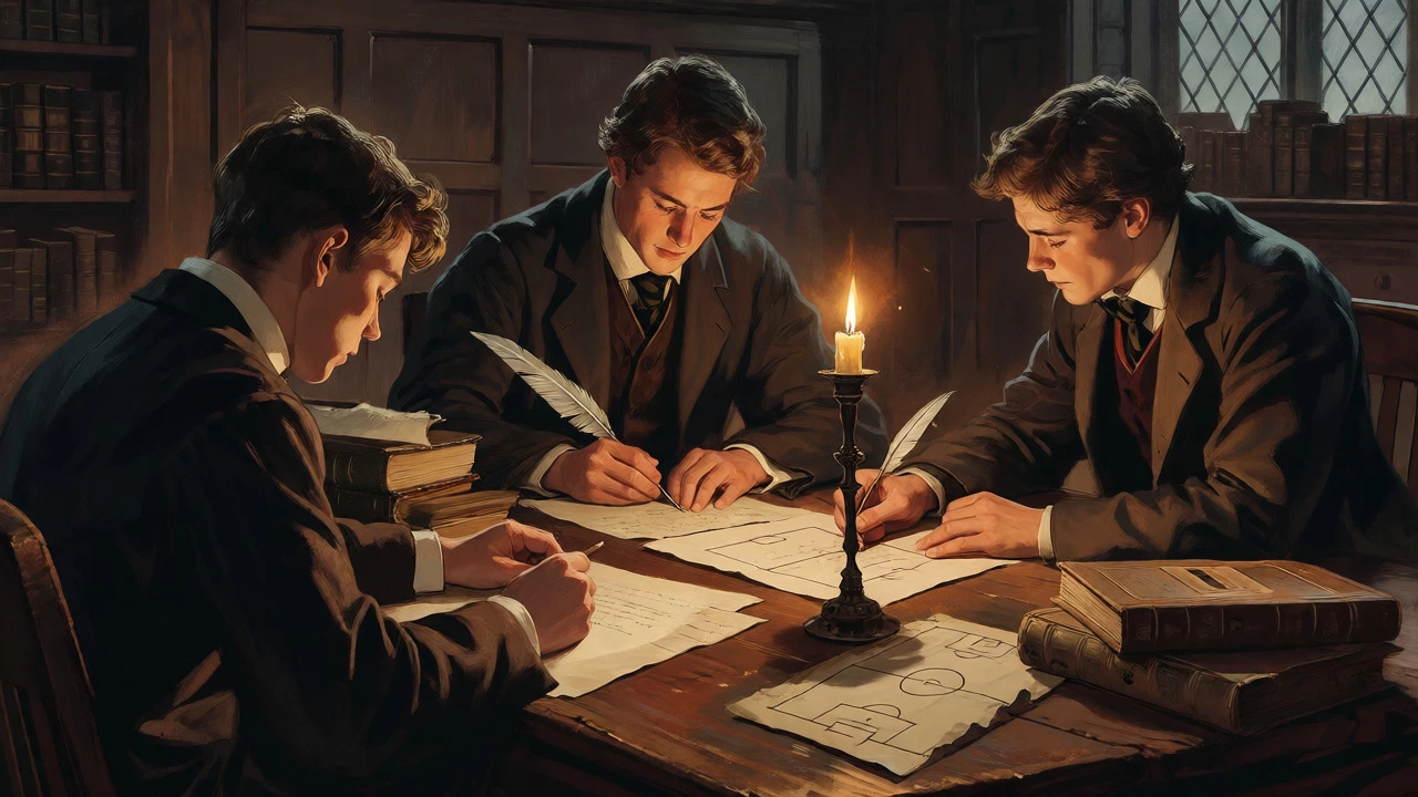 Victorian students writing rules by candlelight