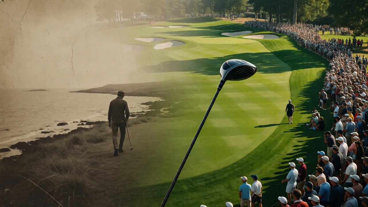 Visual contrast between historic Scottish golf origins and modern tournaments.